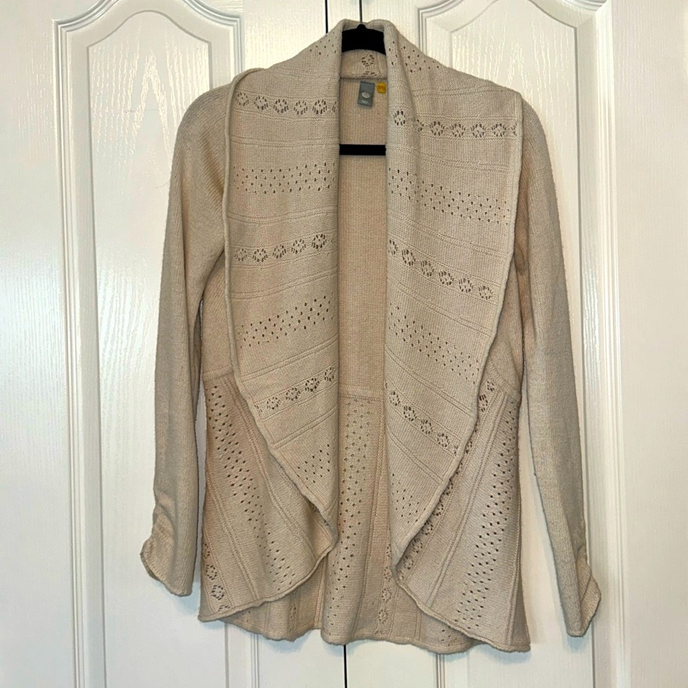 Anthro Knitted and Knotted open Shawl Neck Cardigan Size XS Beige